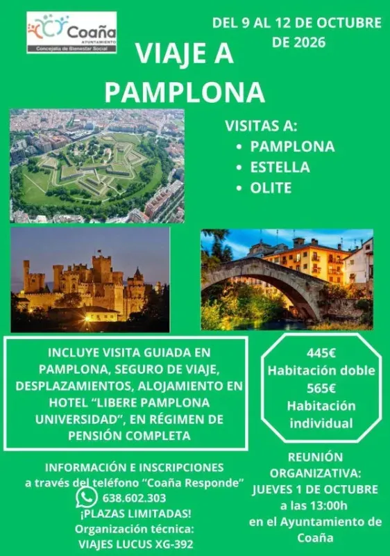 Coaña organiza un viaje a Pamplona, Estella y Olite para el Puente del Pilar