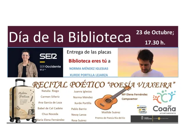 Día de la Biblioteca 2026 en Coaña con recital poético y reconocimiento a Norma Méndez y Xurde Portilla